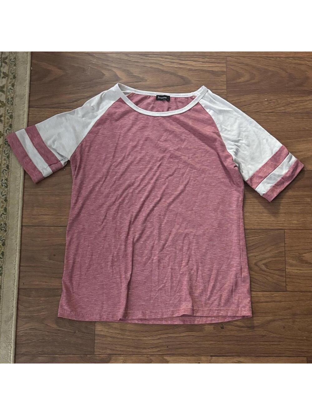 Red/Pink and White Raglan Sleeve Tee with Stripe Detail Baseball Casual
